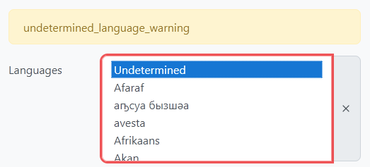 Screenshot of the language settings, with an error reading "undetermined_language_warning".
